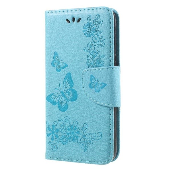 Huawei P9 Lite Mini imprinted sommerfugl Blomster PU læder flip etui - blå Blue