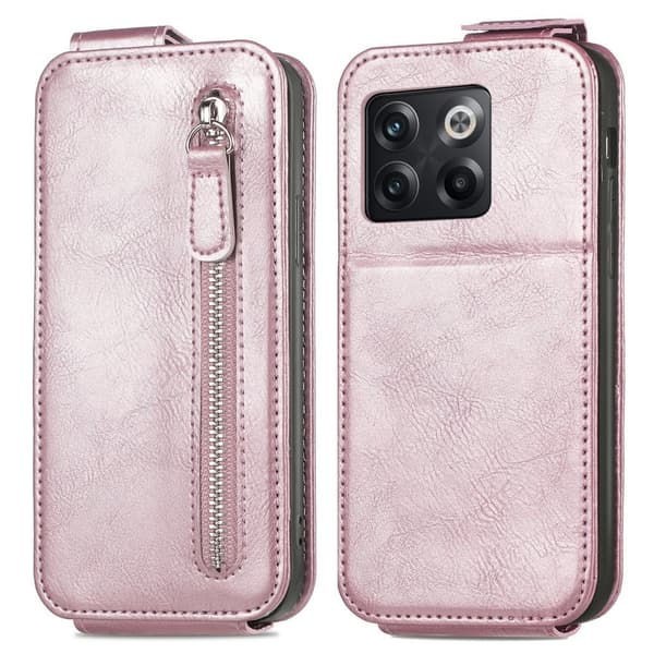 Vertical Flip Phone Etui med Zipper til OnePlus 10T / Ace Pro - Rose Gull Pink