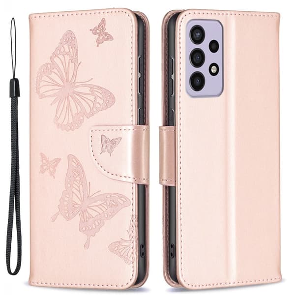 Sommerfugl Samsung Galaxy A73 Flip Etui - Rødguld Gold