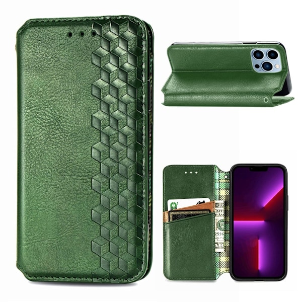 Nahkakotelo With A Stylish Rhombus Imprint For iPhone 13 Pro Max - Vihreä Green