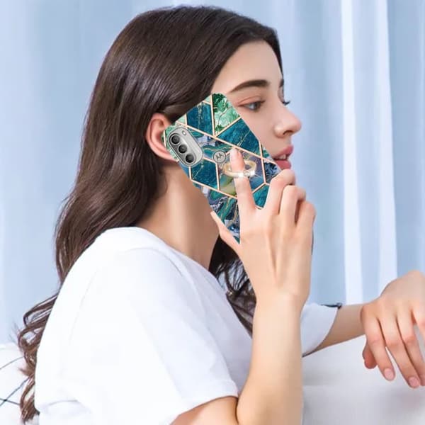 Marble Mønstret Deksel med Ring Holder til Motorola Moto G51 5G - Blå / Grønn Blue