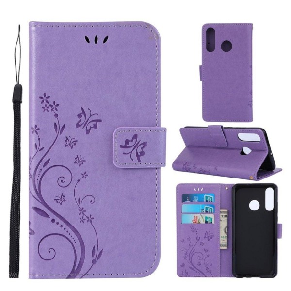 Huawei P30 Lite trykt sommerfugle og blomster læderetui - Lilla Purple