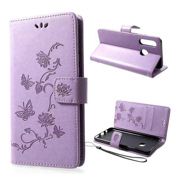 Huawei P30 Lite trykt sommerfugle blomster læder flip etui - Lyselilla Purple
