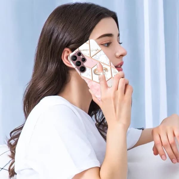 Marble Mønstret Deksel med Ring Holder til Samsung Galaxy S22 Ultra - Rosa / Hvit Pink
