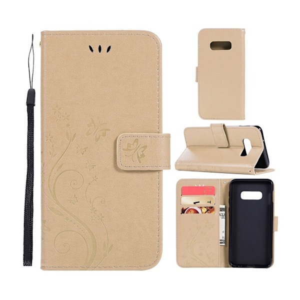 Samsung Galaxy S10e sommerfugle- og blomstertryk læder flip etui - Guld Gold