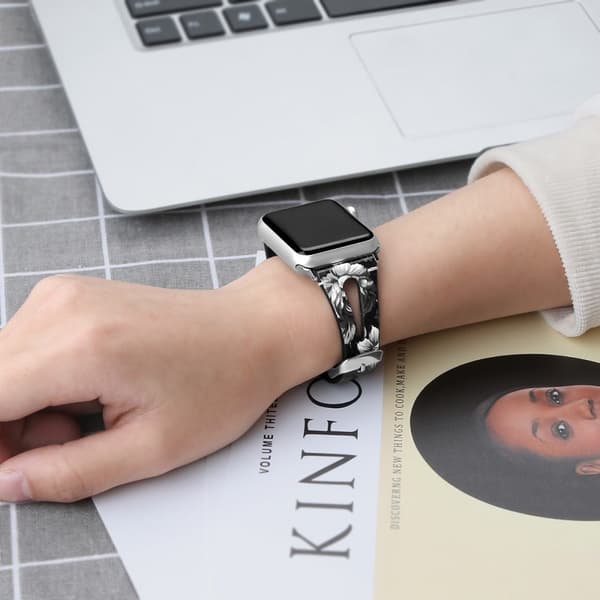 Apple Watch (45mm) Top Layer Okseskinn Ekte Lær Klokkereimer - Grey Flower Silver grey