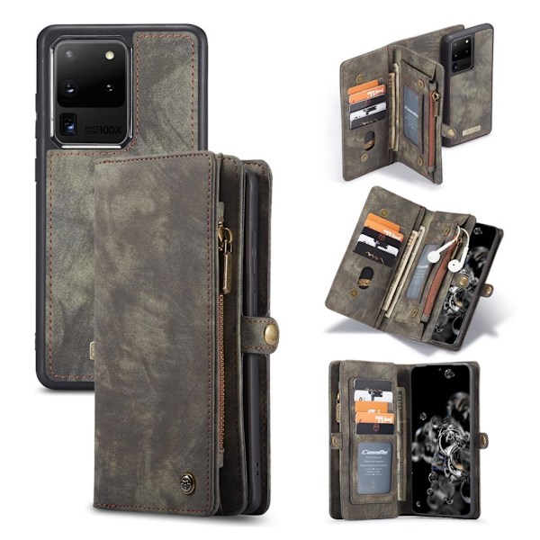 CaseMe Samsung Galaxy S20 Ultra Zipper Wallet kotelot - Harmaa Silver grey