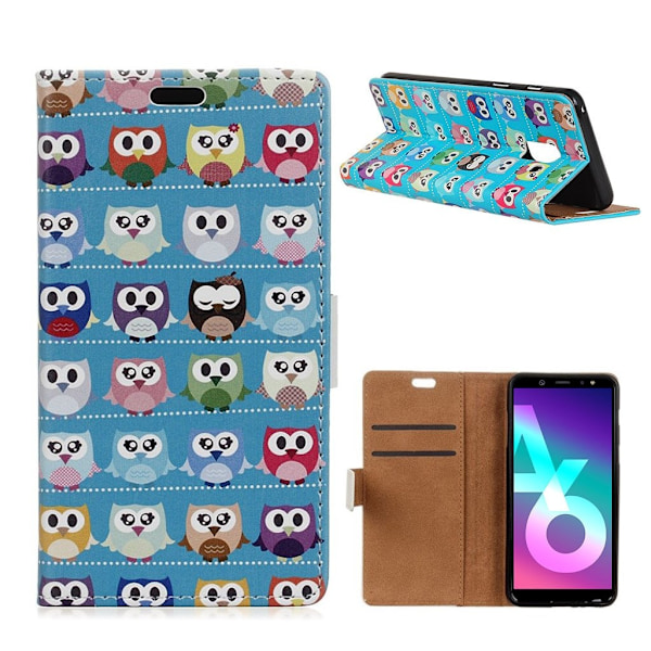 Samsung Galaxy A6 (2018) mobilfodral PU läder skyddande stående läge plånbok mönster på - Blå bakgrund ugglor multifärg