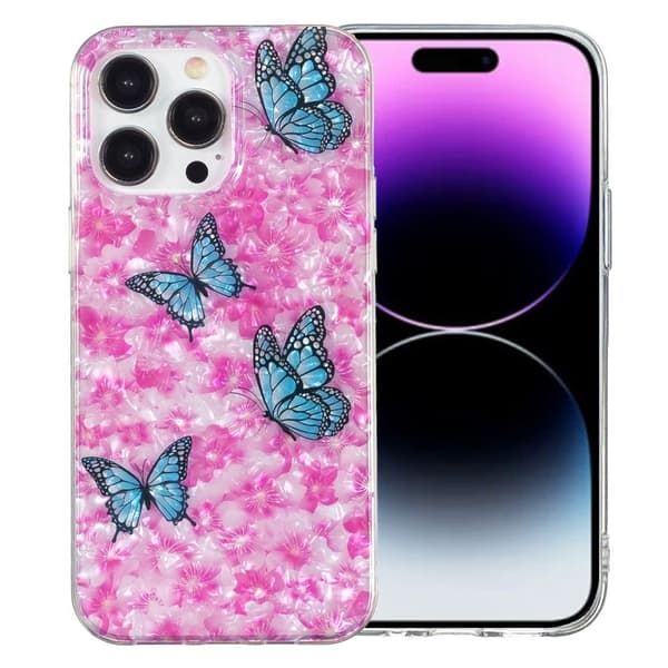 Marble design iPhone 14 Pro cover - Sommerfugl Og Blomst Pink