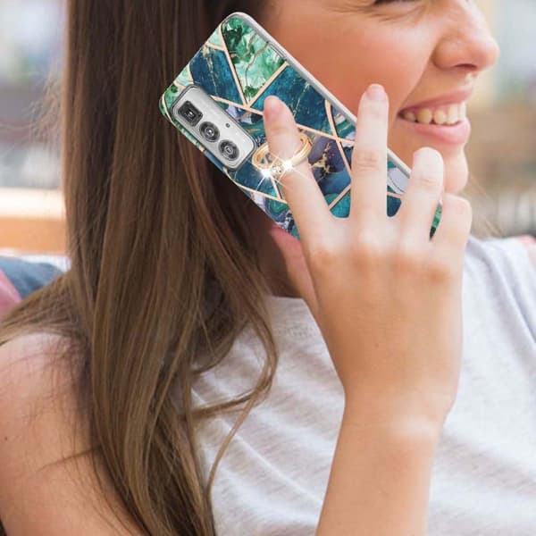 Marble Mønstret Cover med Ring Holder til Motorola Edge 20 Pro - Blå / Grøn Blue