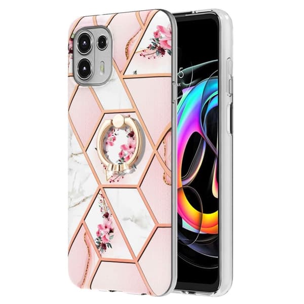 Marble Mønstret Cover med Ring Holder til Motorola Edge 20 Lite - Lyserøde Blomster Pink