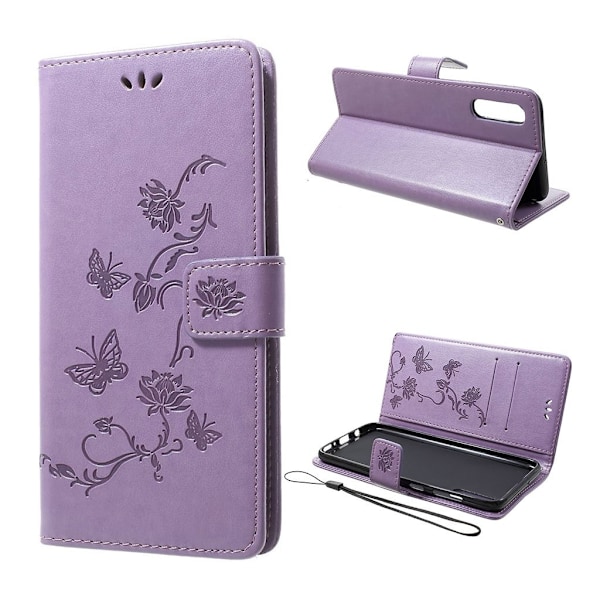 Samsung Galaxy A70 sommerfugleprint på lædercover - lyselilla Purple