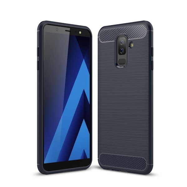Samsung Galaxy A6 Plus beskyttelsesetui i plastik og silikone med børster carbon tekstur - Mørkeblå Blue