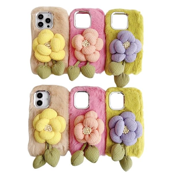 iPhone 16 Pro Max Plush Phone Case 3D Flower Decor Fluffy Flexible Back Cover - Green Green