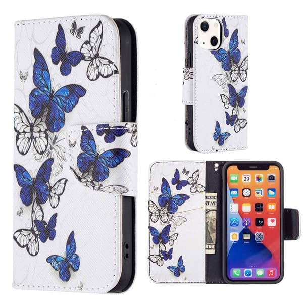 Wonderland iPhone 13 flip etui - Blå/Hvide Sommerfugle Multicolor