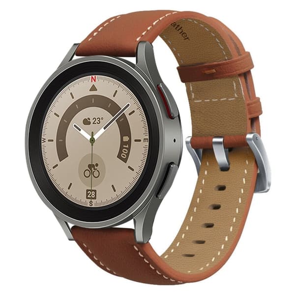 Samsung Galaxy Watch 5 (44mm) / (40mm / Pro stitching style urrem i ægte læder - Brun / Sølvspænde Brown