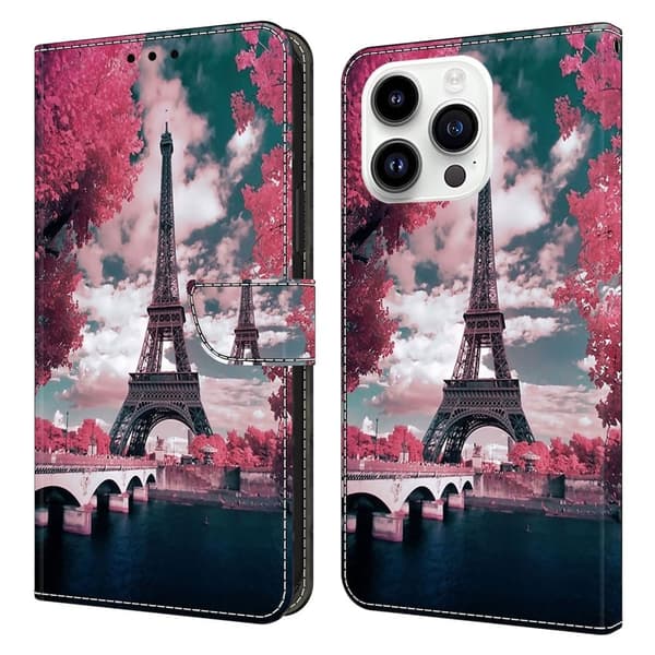 iPhone 16 Pro Max Plånboksfodral Mönster Tryck Stativ Läder Flip Telefonskal - Eiffeltornet Rosa