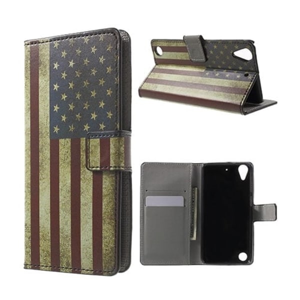 Holberg læder-etui til HTC Desire 530 med kortholder og stander - Gammeldags amerikansk flag Multicolor