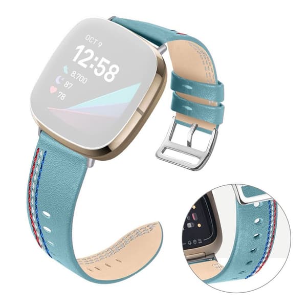 Fitbit Sense / Versa 3 three sewn line genuine leather watch strap - Blue Blå