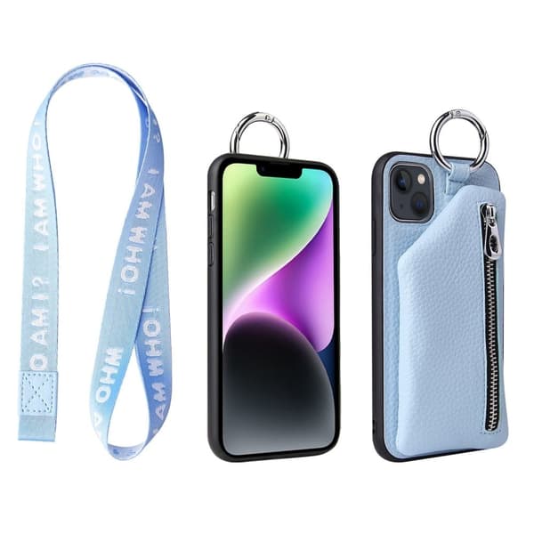 Zipper læderetui med pung til iPhone 14 - Babyblå Blue