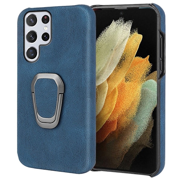 Stötsäkert läderfodral med oval kickstand för Samsung Galaxy S22 Ultra - Blå Blå