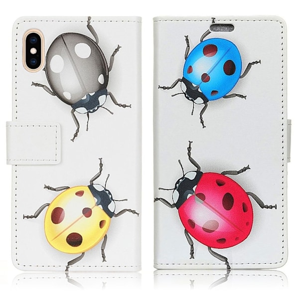 iPhone Xs Max Kuviollinen Synteetti Nahkainen Lompakko Kotelo Korttipaikoilla - Värikkäät Leppäkertut Multicolor