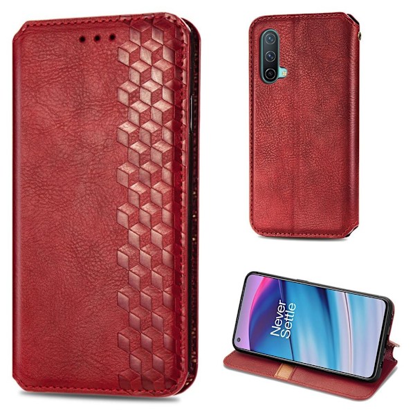 Nahkakotelo With A Stylish Rhombus Imprint For OnePlus Nord CE 5G - Punainen Red