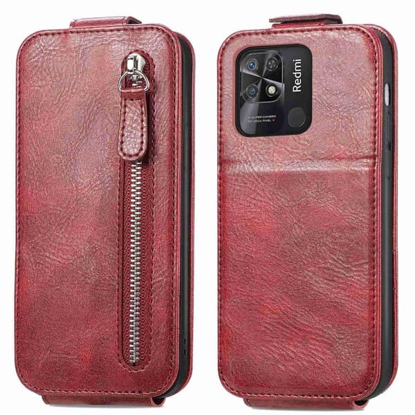 Vertical Flip Phone Etui med Zipper til Xiaomi Redmi 10C - Rød Red