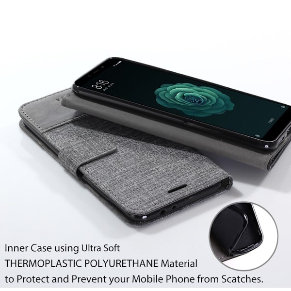 MUXMA PU-läder Canvas Splicing Plånbok Stativfodral för Xiaomi Mi A2 / Mi 6X - Grå Silvergrå