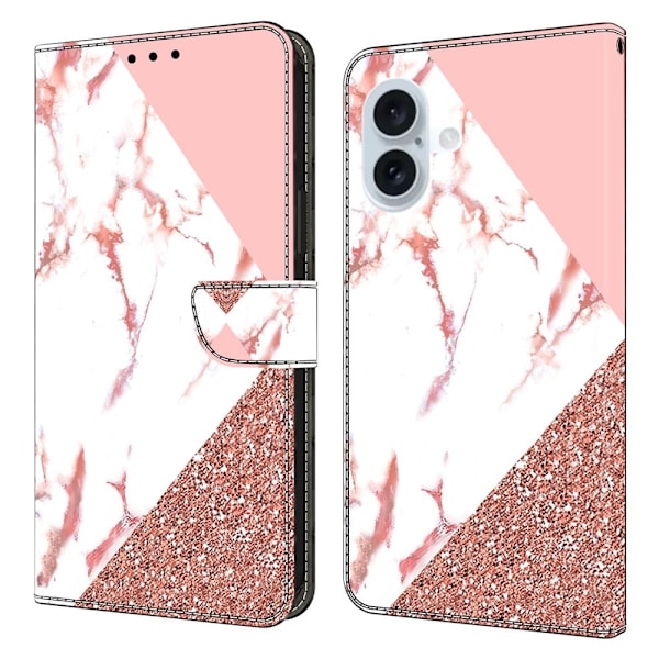 iPhone 16 Plus Plånboksfodral Mönster Tryck Stativ Läder Flip Telefonskal - Triangulär Marmor Rosa