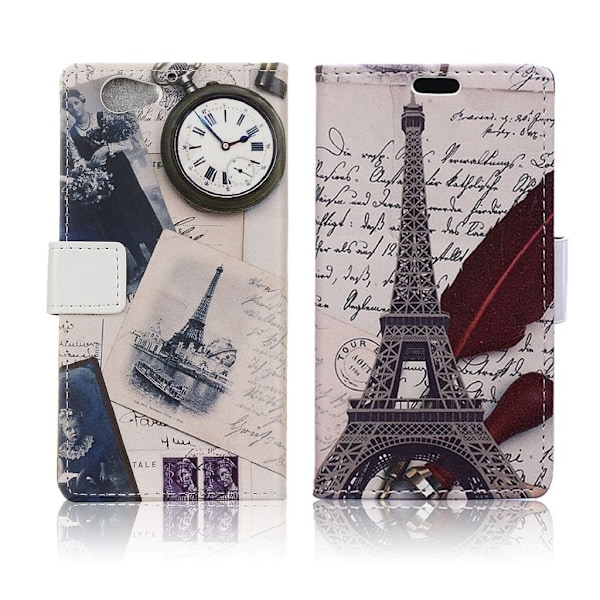 HTC A9s Nahkakotelo Painetulla Kuviolla - Eiffel Torni Ja Sulkakynä Multicolor