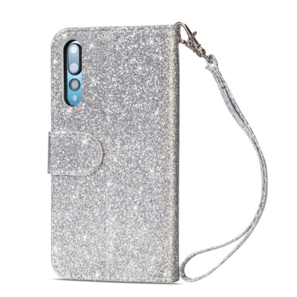 Huawei P20 Pro mobiletui i kunstlæder med glitter og kortholder Silver grey