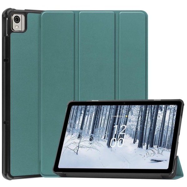 Tri-fold Leather Stand Case for Nokia T21 - Blackish Green Grön