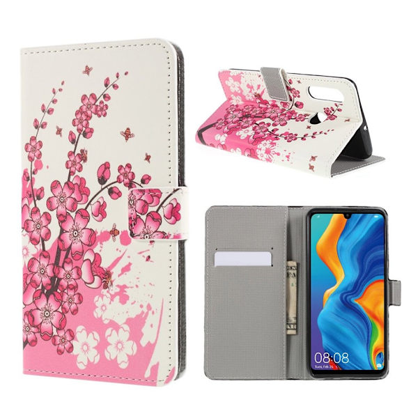 Huawei P30 Lite konstläderfodral med tryck - Persikoblommor Rosa
