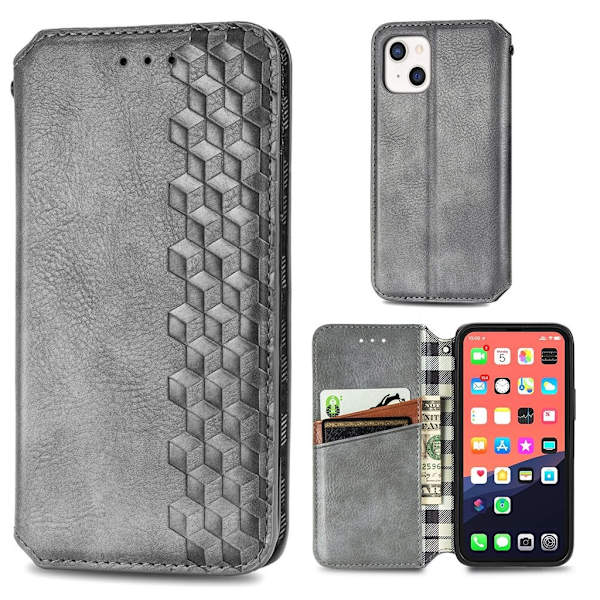 Läder iPhone 13 Mini fodral med romb-design - Silver/Grå Silvergrå