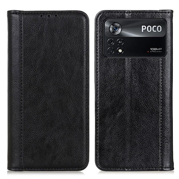 Äkta läder Xiaomi Poco X4 Pro 5G fodral med magnetisk stängning Svart