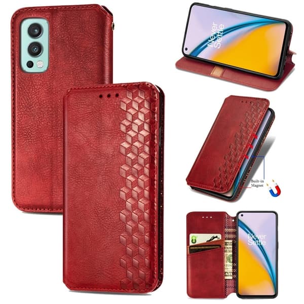 Läder OnePlus Nord 2 5G fodral med romb-design - Röd Röd
