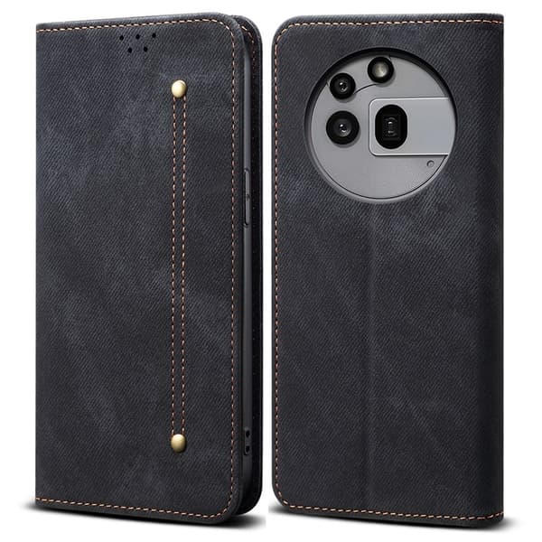 Nothing Phone (3a) Pro Case Jeans Cloth Texture Anti-Scratch Leather Stand Phone Cover - Sort Black