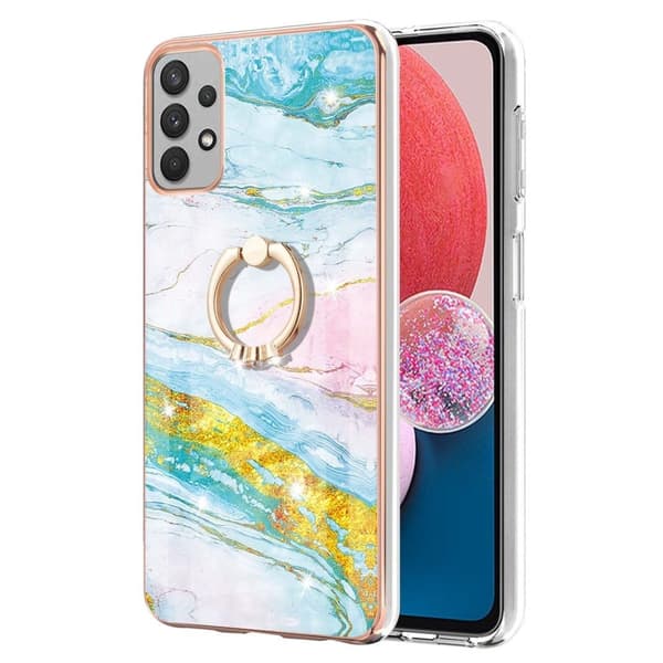 Marble Mønstret Cover med Ring Holder til Samsung Galaxy A13 4G - Grøn og Gul Marmor Haze Multicolor