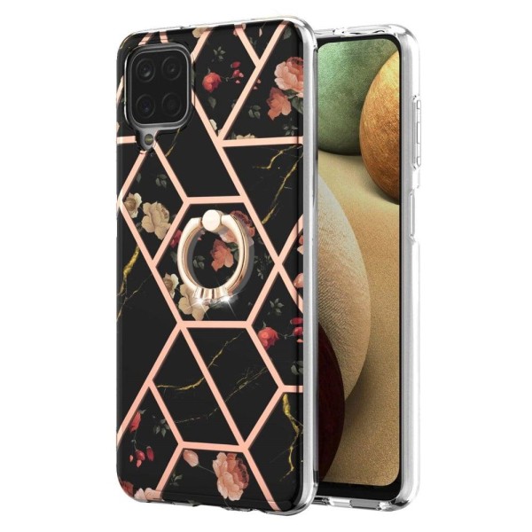 Marble Mønstret Cover med Ring Holder til Samsung Galaxy M12 / F12 / A12 5g - Sorte Blomster Black