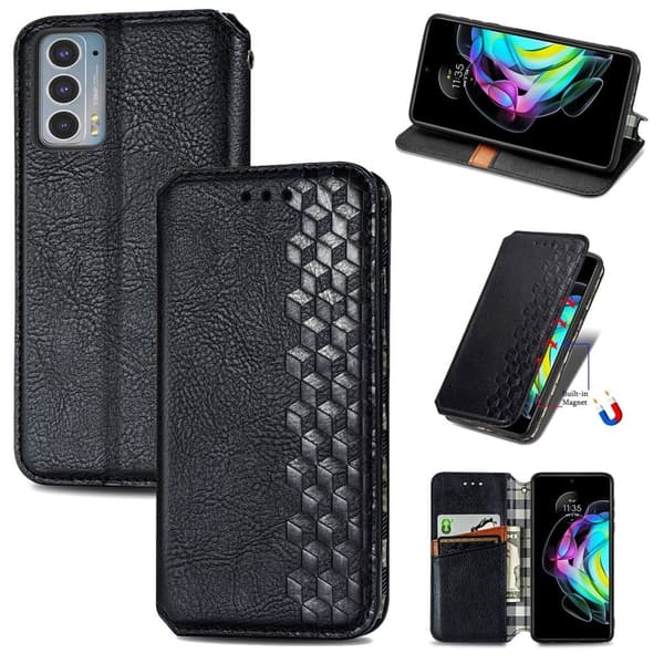 Læder Etui med A Stilfuldt Rhombus Tryk til Motorola Edge 20 - Sort Black
