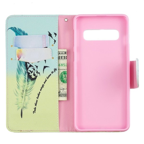 Samsung Galaxy S10 trykt mønster læder flip etui - Fjer Multicolor