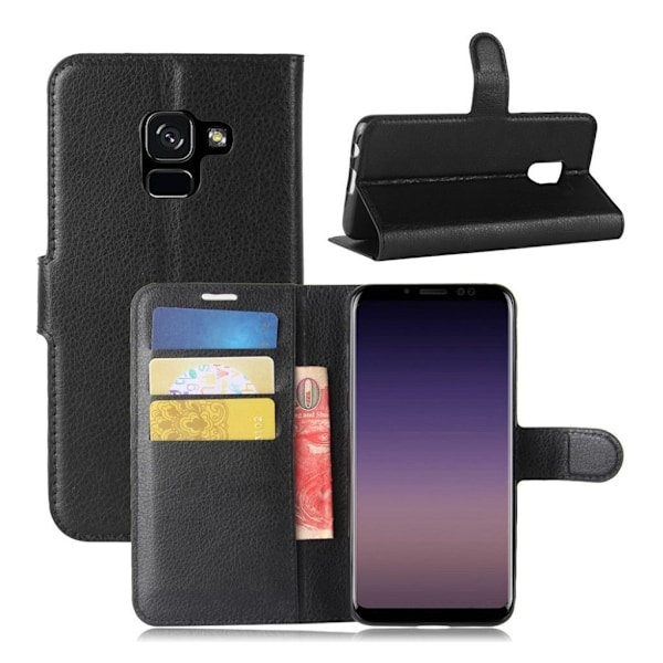 Samsung Galaxy A8 (2018) litchi skin PU læder flip etui - Sort Black