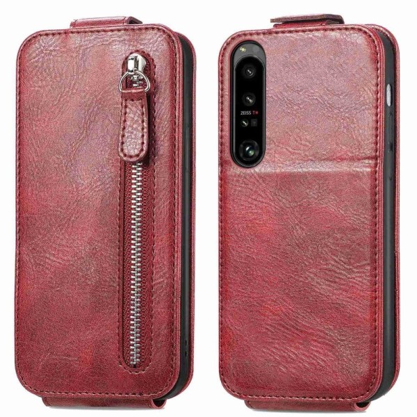 Vertical Flip Phone Etui med Zipper til Sony Xperia 1 IV - Rød Red
