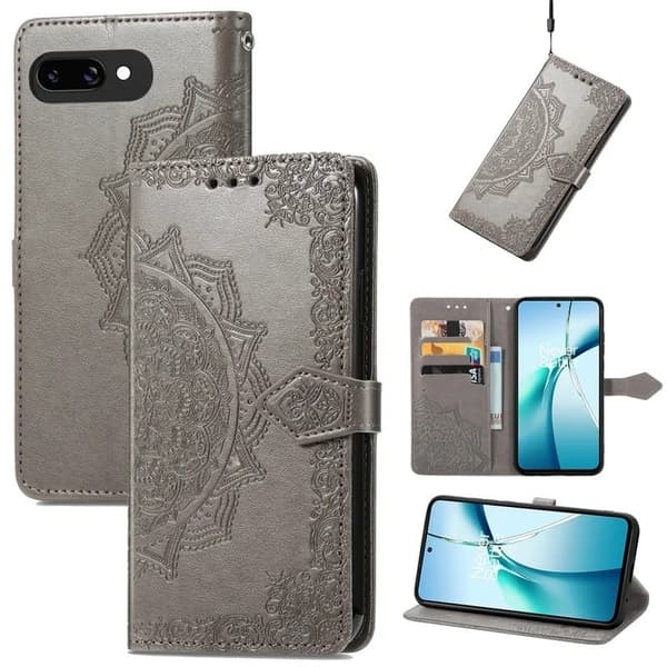 Google Pixel 9a Etui med pung Mandala Flower Leather Phone Cover Stand - Grå Silver grey