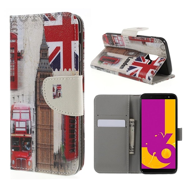 Samsung Galaxy J6 Kuvallinen Seisova PU Nahkinen Suojaava Lompakko Kotelo - Lontoo Elementit Multicolor