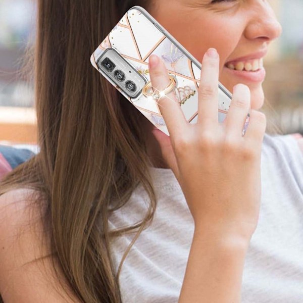 Marble Mønstret Deksel med Ring Holder til Motorola Edge 20 Pro - Krone White