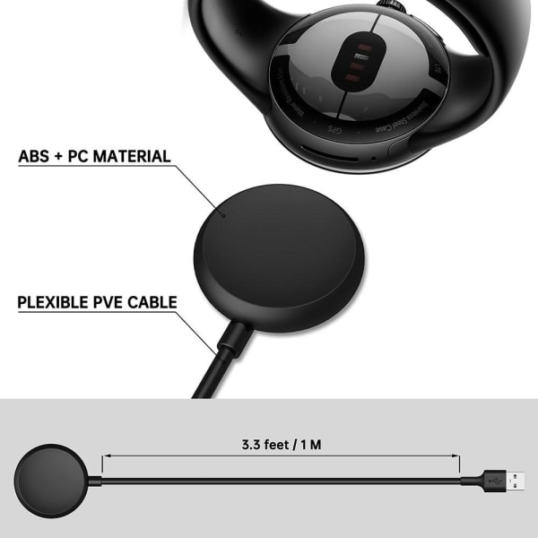 1m Google Pixel Watch USB magnetisk laddningsdocka kabel - Svart Svart