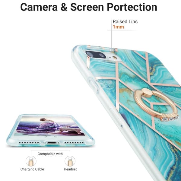 Marble Mønstret Deksel med Ring Holder til iPhone 8 Plus - Blå Blue