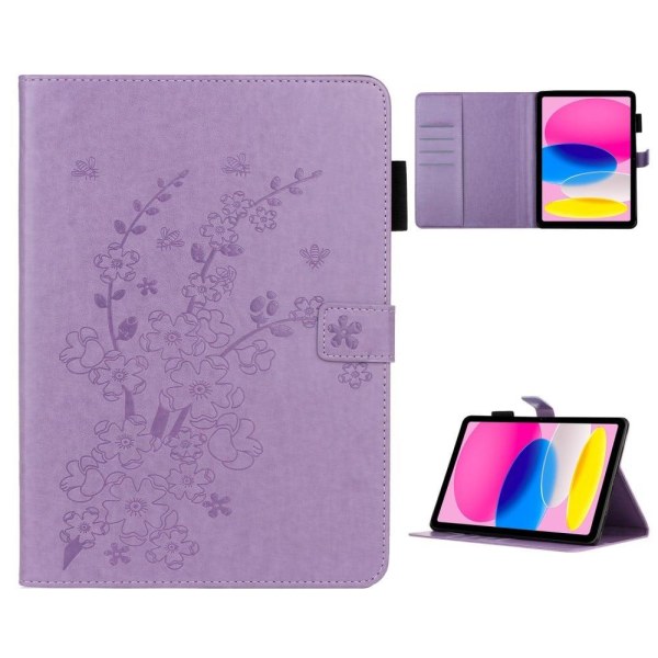 iPad 10.9 (2022) / iPad 10th Gen Påtrykt blomme-blomstermønster Visning Stand Shell Wallet Design Vegansk læder Stødabsorberende tablet etui med penne Purple